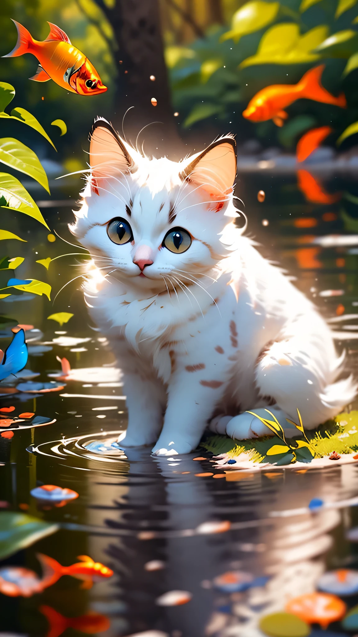 cute white kitten，shaggy，Realistic，best image quality，Water reflection，blue eyes，small red fish，eyeliner