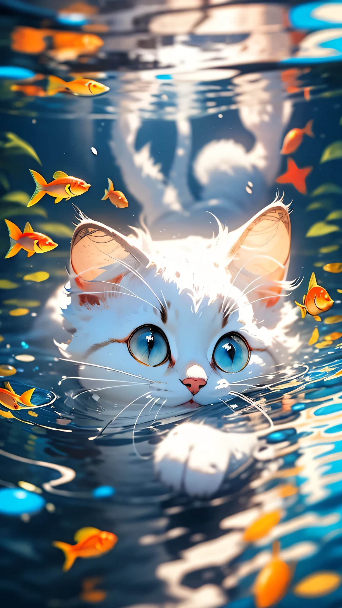 cute white kitten，shaggy，Realistic，best image quality，Water reflection，blue eyes，small red fish，eyeliner