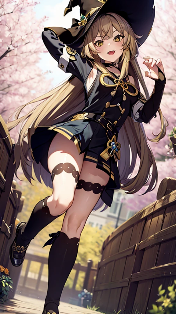 1masterpiece, 8k quality, 1girl, mature woman, witch, full-body, standing, anime style, little witch academy stile, medium breasts, long hair black, golden eyes, mischievous smile, fangs, witch dress, purple witch outfit, revealing clothing, micro thong, upskirt, stockings, black shoes, shool garden background, 