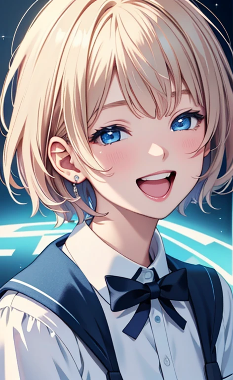 (realistic:1.4、masterpiece、top-quality、8k size wallpaper、offcial art)、(portrait,upper body:1.6)、(1girl),(very loud laugh,Open mouth:1.3),(half closed eyes),cute face,blue eyes、(short hair)、
,(stand),(Shining smile),(Sparkling:1.3),
,(slender),(school uniform),(long fluorescence blonde hair1.3), (small breasts)、
、fluorescence、classroom,JK、