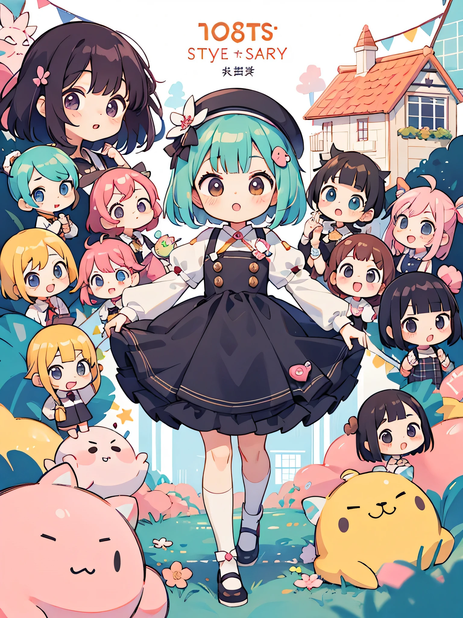 Momoko Sakura style, Kawaii Design, (((10 people)))、most beautiful girl ever、Chibi, Colorful bob hair、((Lots of friends))、House of candy