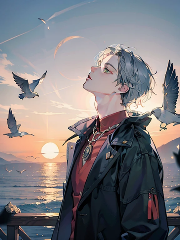 masterpiece, best quality, grape hills background:1.3, 1boy:1.3, black wool coat, red shirt, silver chain on neck, green eyes, light blue hair:1.3, short hair, cinematic shadows, cinematic lighting, luminous eyes:1.2, cute boy:1.3, grey ashes:1.3, red sun background, wavy hair:1.3, fluffy hair, boy looking up, birds in sky, comet in sky:1.2