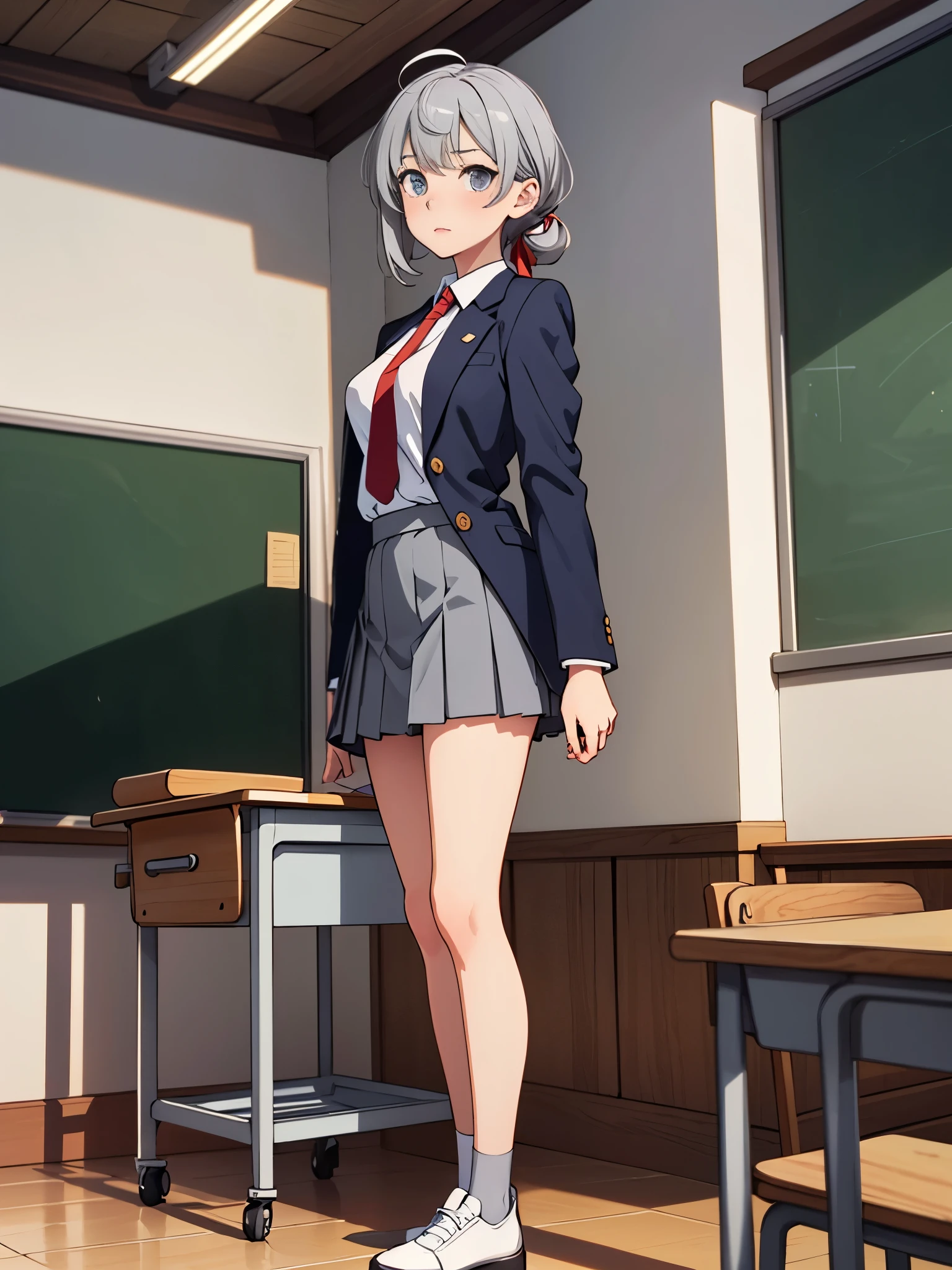 1girl, tall body, high school student, suit, dark blue suit jacket, white shirt, red ribbon necktie, grey pleated skirt, miniskirt, bare legs, white socks, brown shoes, ((light grey hair, shoulder-length hair, bangs)), ahoge, ((hazel eyes, beautiful detailed eyes)), beautiful detailed face, cute face, medium breasts, perfect hands, complete fingers, perfect anatomy, perfect proportions, age 18, solo, solo focus, standing, classroom backdrop, warm lighting