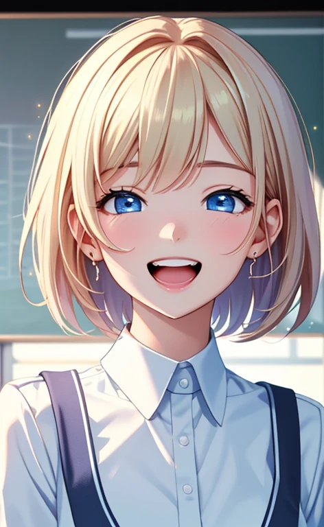 (realistic:1.4、masterpiece、top-quality、8k size wallpaper、offcial art)、(portrait,upper body:1.6)、(1girl),(very loud laugh,Open mouth:1.3),(half closed eyes),cute face,blue eyes、(short hair)、
,(stand),(Shining smile),(Sparkling:1.3),
,(slender),(school uniform),(long fluorescence blonde hair1.3), (small breasts)、
、fluorescence、classroom,JK、