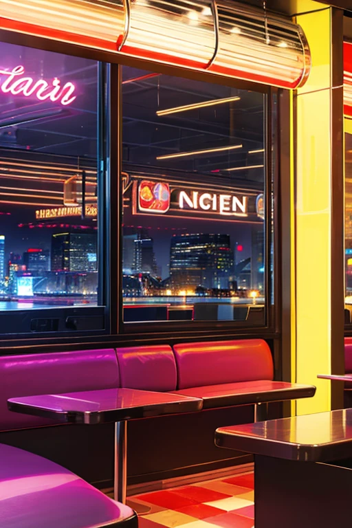 high quality,4k,8K,Super detailed,最high quality,Ultra-fine painting,photo-realistic:1.37,(realistic,Physically based rendering:1.1),(Bright colors:1.1),HDR,UHD,sharp focus,amazing,colorful lighting,vivid details,
最high quality , a diner with a car and neon lights , neon light,in the room、table、Cola jar