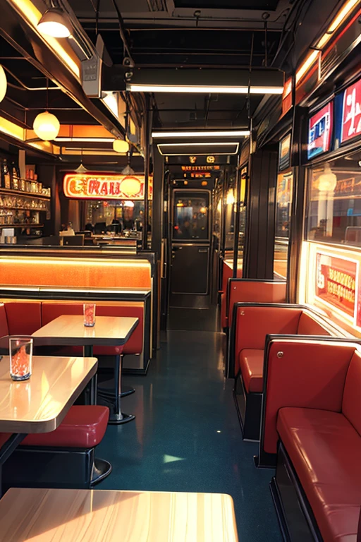 high quality,4k,8K,Super detailed,最high quality,Ultra-fine painting,photo-realistic:1.37,(realistic,Physically based rendering:1.1),(Bright colors:1.1),HDR,UHD,sharp focus,amazing,colorful lighting,vivid details,
最high quality , a diner with a car and neon lights , neon light,in the room、table、Cola jar