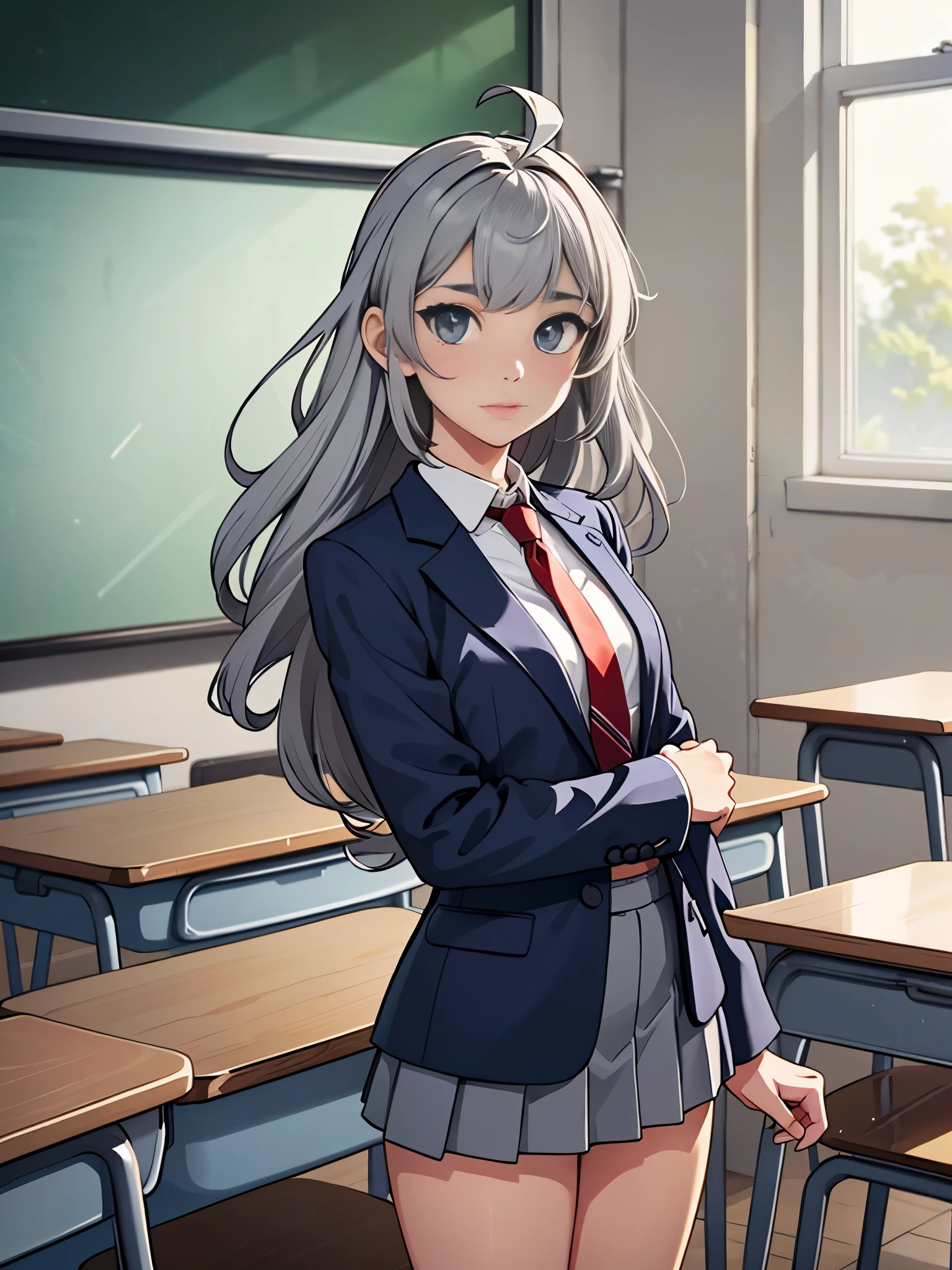 1girl, tall body, high school student, suit, dark blue suit jacket, white shirt, red ribbon necktie, grey pleated skirt, miniskirt, bare legs, white socks, brown shoes, ((light grey hair, shoulder-length hair, bangs)), ahoge, ((hazel eyes, beautiful detailed eyes)), beautiful detailed face, cute face, medium breasts, perfect hands, complete fingers, perfect anatomy, perfect proportions, age 18, solo, solo focus, standing, classroom backdrop, warm lighting