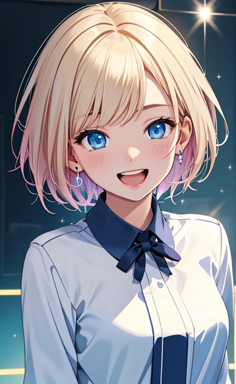 (realistic：1.4、​masterpiece、top-quality、8k size wallpaper、offcial art)、(portrait,upper body:1.6)、(1girl),(very loud laugh,Open mouth:1.3),(half closed eyes),cute face,blue eyes、(short hair)、
,(stand),(Shining smile),(Sparkling:1.3),
,(slender),(school uniform),(long fluorescence blonde hair1.3), (small breasts)、
、fluorescence、classroom,JK、