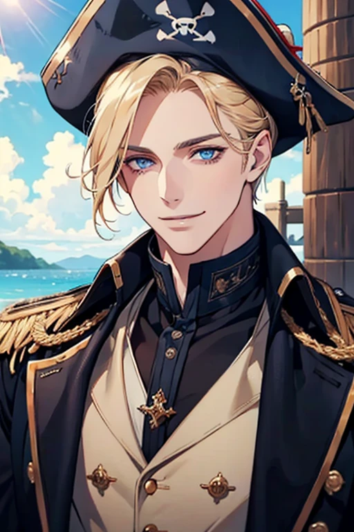 dark blue eyes, natural blonde hair, male, adult, smile, sunshine, pirate, moles on the face