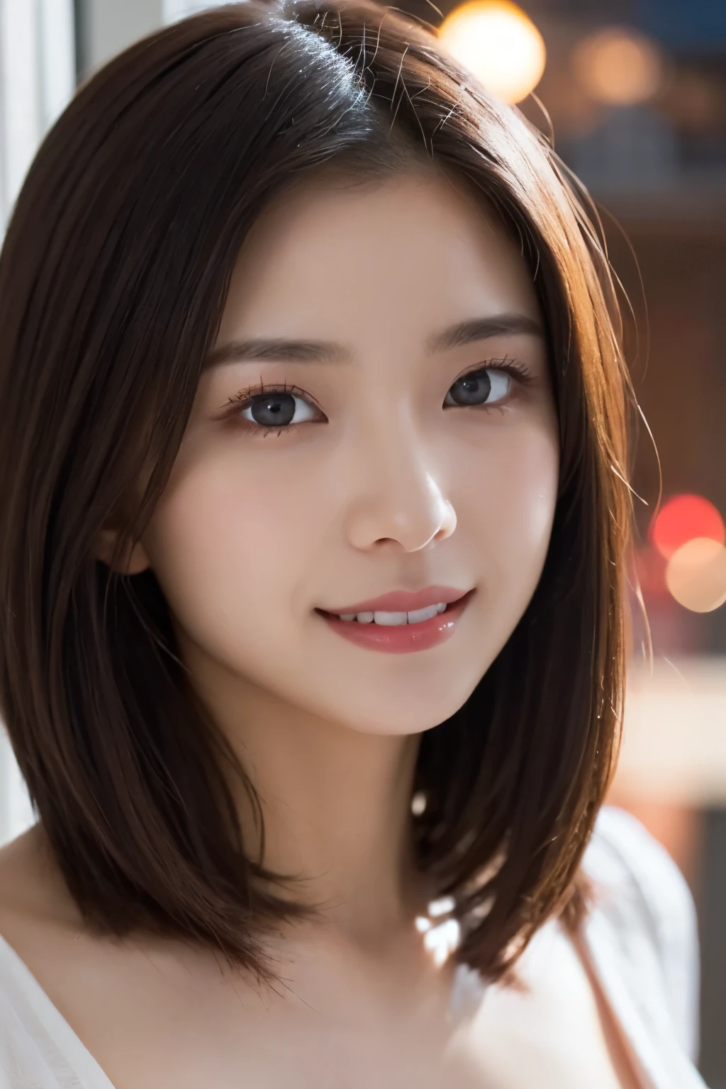 1 girl, ((close up of face:1.5))、(Wearing elegant white underwear:1.2), ((flat and small breasts:1.4))、(Raw photo, highest quality), (realistic, Photoreal:1.4), table top, very delicate and beautiful, very detailed, 2k wallpaper, wonderful, finely, very detailed CG Unity 8K 壁紙, Super detailed, High resolution, soft light, beautiful detailed girl, very detailed目と顔, beautifully detailed nose, detailed and beautiful eyes, cinematic lighting, night city lights, perfect anatomy, slender body, smile