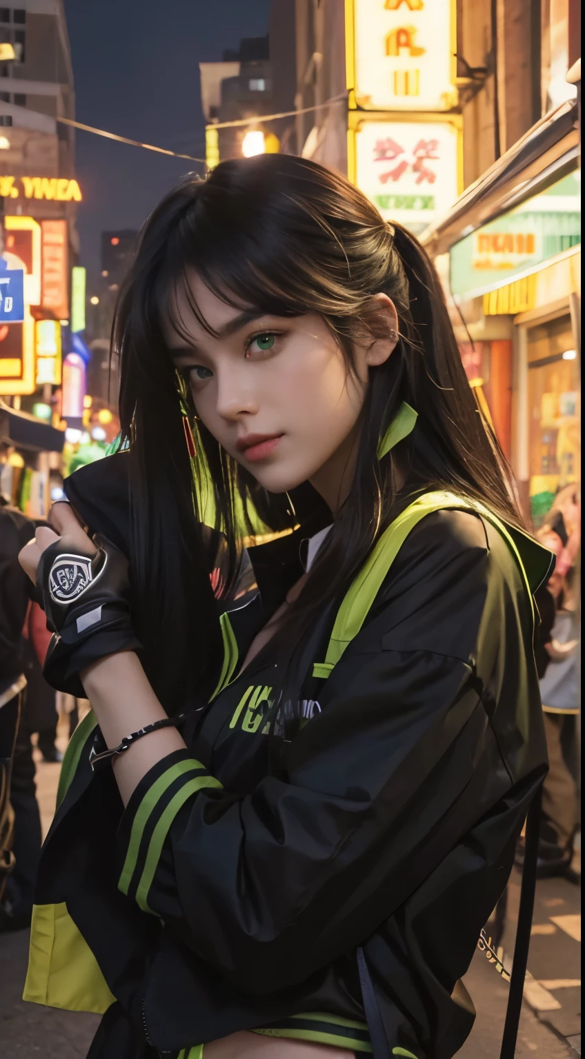 Handsome, male, black hair mix neon green, ( green eyes 3.1 ) ,long hair 