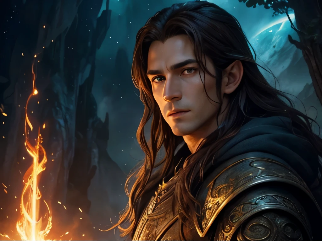 movie promotional art, middle earth, movie artwork, illustration, handsome guy with brown hair, big beautiful eyes, beautiful celestial mage, beautiful avatar pictures, vibrant colors, vivid lighting, (photorealistic,realistic:1.37), (best quality,masterpiece:1.2), ultra-detailed, fine painting, magic, wonderland, fantasy, anime style