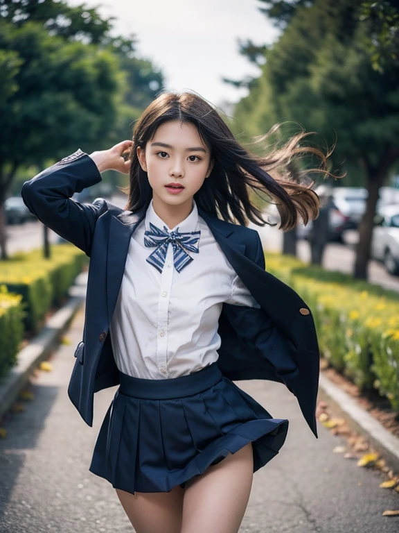 
(masterpiece, highest quality:1.4), award-winning portraits, 8K, 85mm, alone, beautiful face, delicate girl, , (Dark Navy Blazer Jacket), dark navy skirt, long sleeve, violaces, gardenia, grace, Sophisticated, cute, teen, looking at the viewer, 15 years old, Raw photo, disorganized, HDR, sharp focus, A bow tie, background bokeh、(((flat 、thin and delicate body、A childish atmosphere)))、Her shiny semi-long hair is tied up、hair swaying in the wind、Mole on the left cheek、large, round, dark blue eyes、full body、random pose、Run、sprinting、Skirt fluttering in the wind、Junior idol、Nogizaka Idol、widening skirt、jump、mole under eye、sexy