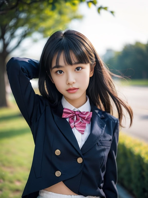 
(masterpiece, highest quality:1.4), award-winning portraits, 8K, 85mm, alone, beautiful face, delicate girl, , (Dark Navy Blazer Jacket), dark navy skirt, long sleeve, violaces, gardenia, grace, Sophisticated, cute, teen, looking at the viewer, 15 years old, Raw photo, disorganized, HDR, sharp focus, A bow tie, background bokeh、(((flat 、thin and delicate body、A childish atmosphere)))、Her shiny semi-long hair is tied up、hair swaying in the wind、Mole on the left cheek、large, round, dark blue eyes、full body、random pose、Run、sprinting、Skirt fluttering in the wind、Junior idol、Nogizaka Idol、widening skirt、jump、mole under eye、sexy