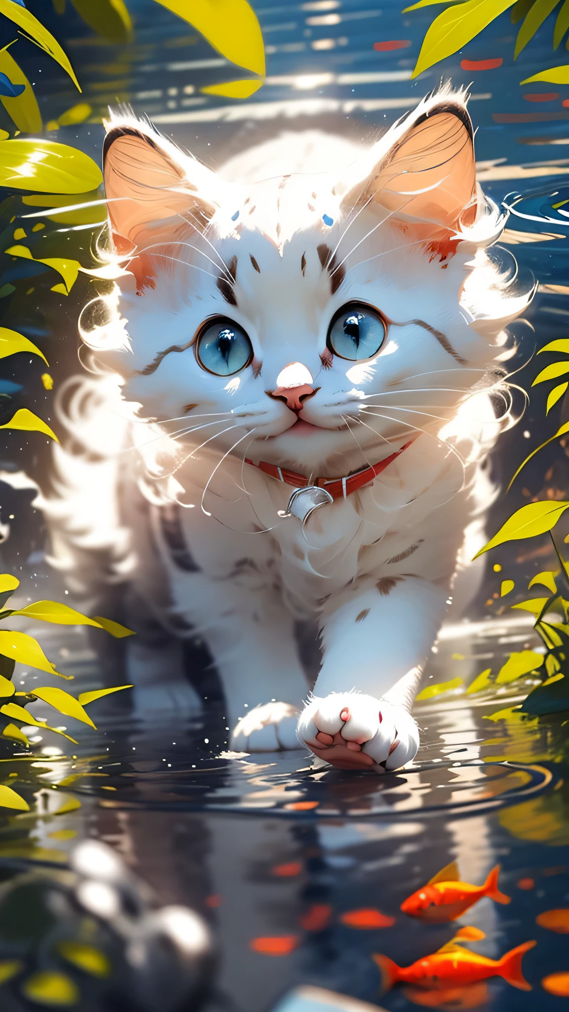 cute white kitten，shaggy，Realistic，best image quality，Water reflection，blue eyes，small red fish，eyeliner