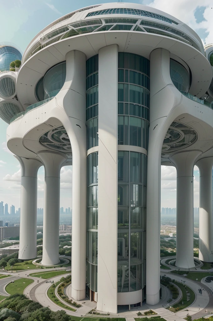 A building with a futuristic style architecture with white material and glass with a museum and commercial function, with a vertical perspective and the layout of the building and spaces in the shape of the tree of life, 3 entrances in the southern part of the building in the form of a small circle that looks like a very tall tower. It is connected with a height of 200 meters which is located in the middle of the ground. In the east and west of this tower, there are circular buildings of medium size, which are connected on the top of the building in the form of human DNA from the north. Between all these structures there is green space in the empty parts. The entire structure has no windows except for the middle tower.