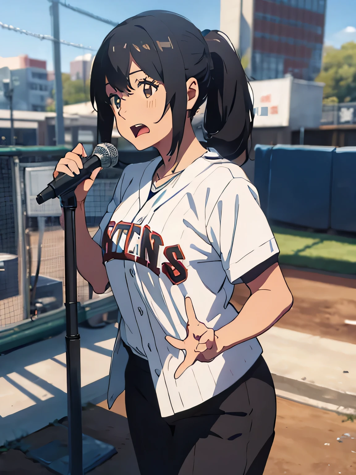 A 30-year-old office lady at a baseball field、wearing a suit、Shouting through a microphone