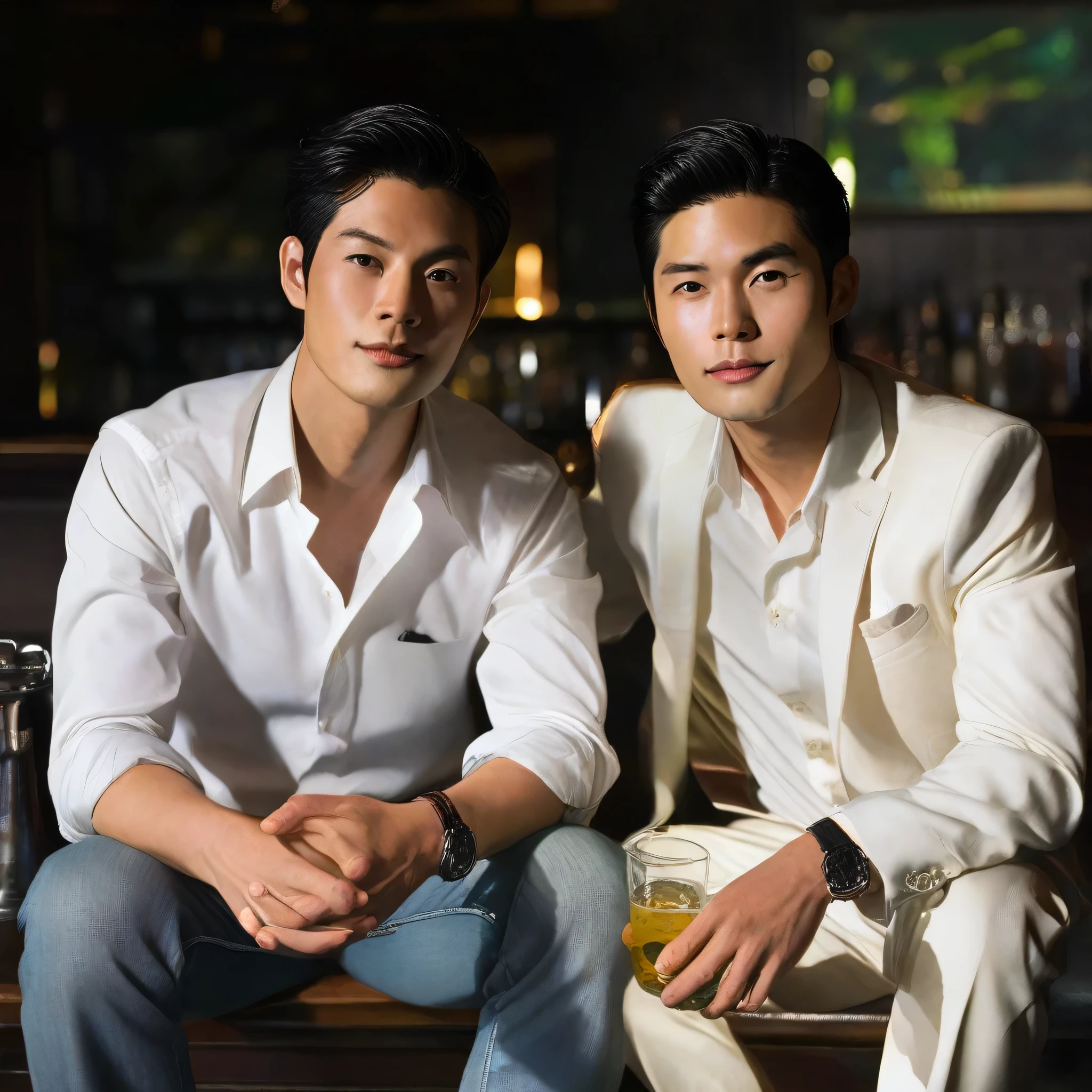 A sophisticated gentleman,his refined features accentuated by the soft glow of ambient light in a dimly lit bar. The photographer employs a full-frame digital camera and a portrait lens to create close-up shots that highlight the subject's well-groomed appearance. This combination brings out the subtle details of the Asian male's facial features,emphasizing the classic elegance associated with formal portraiture.,