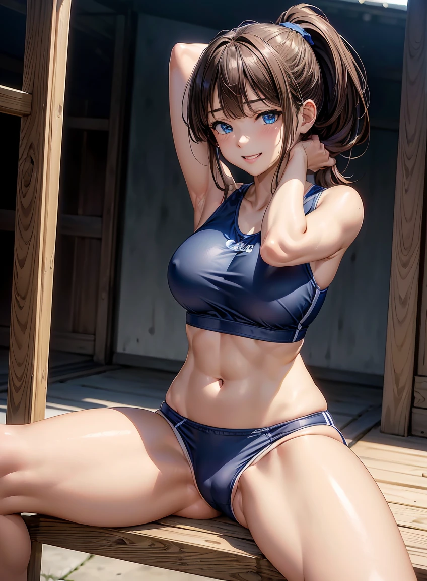 beautiful features、Japanese、brown hair、((ponytail、deep blue eyes:1.2))、shiny smooth hair, thick bangs、(bright smile:1.2), ((Image Processing Algorithms:1.2))、highly detailed eyes, highest quality, Ultra HD, Beautiful and vivid illustrations、high contrast、Tonal correction、Ultra-realistic oily and shiny skin, Super fine, High resolution CG Unity 8K wallpaper, Raw photo, precise fingers, anatomically correct,exposing belly、attractive thighs、Athletes in uniform, athletics stadium、((put your hands behind your head、spread your legs wide and stretch:1.4))、