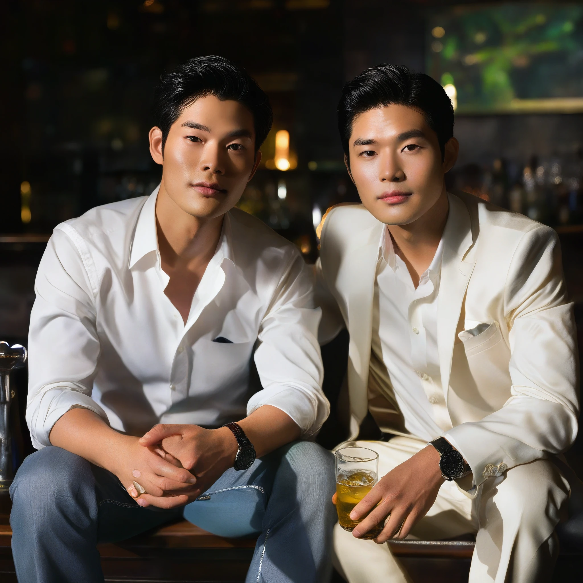 A sophisticated gentleman,his refined features accentuated by the soft glow of ambient light in a dimly lit bar. The photographer employs a full-frame digital camera and a portrait lens to create close-up shots that highlight the subject's well-groomed appearance. This combination brings out the subtle details of the Asian male's facial features,emphasizing the classic elegance associated with formal portraiture.,