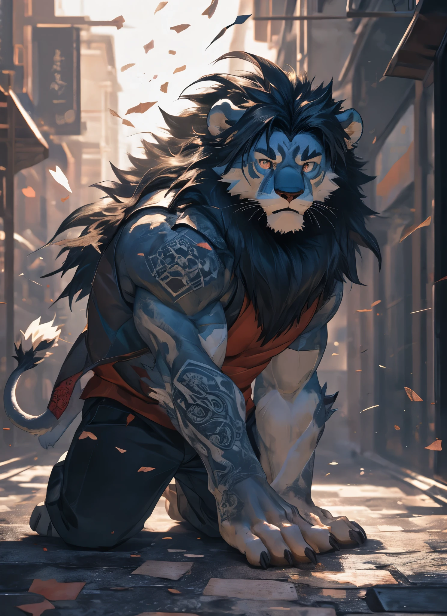 Masterpiece, solo, Detailed eyes, Detailed face, 20age adult, furry, male, kemono, handsome, full body, muscle, furry lion, Shaolin Monk, hit the ground with one hand, cracked ground, flying shatter stones, style cute, portrait, head shot portrait, dynamic pose, anime, in motion, extremely detailed, expressive, dramatic light, epic setting, very detailed, light against darkness, photography, hyper realistic, moody, cinema lighting, intricate detail, depth of field