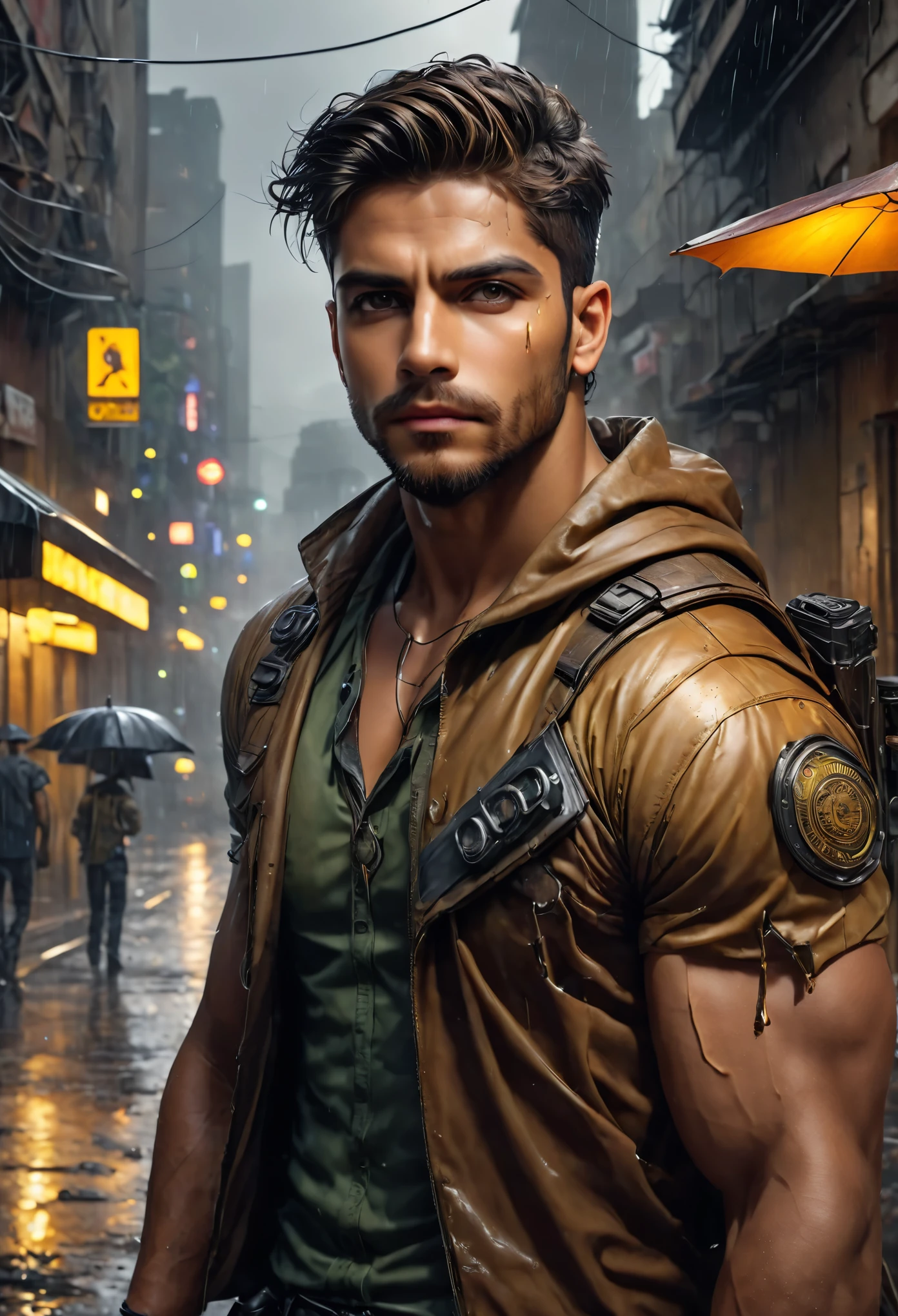 realista:1.3,( fotorrealista, 8K, Fotos CRUDAS, Calidad premium, obra maestra, epic lighting. de cerca, Imagen centrada), (primer plano),((1 hombre hermoso seguro de si misma musculos bien formados, post apocalyptic, guerrero, Rostro y cuerpo perfectamente detallados, (primer plano), escenario lluvioso, poca iluminacion por la lluvia, rostro y cuerpo mojados por la lluvia,iluminacion del de rayos, dynamic pose, cabello hermoso y detallado, ropa de cuero)) this pichure is a indian boy