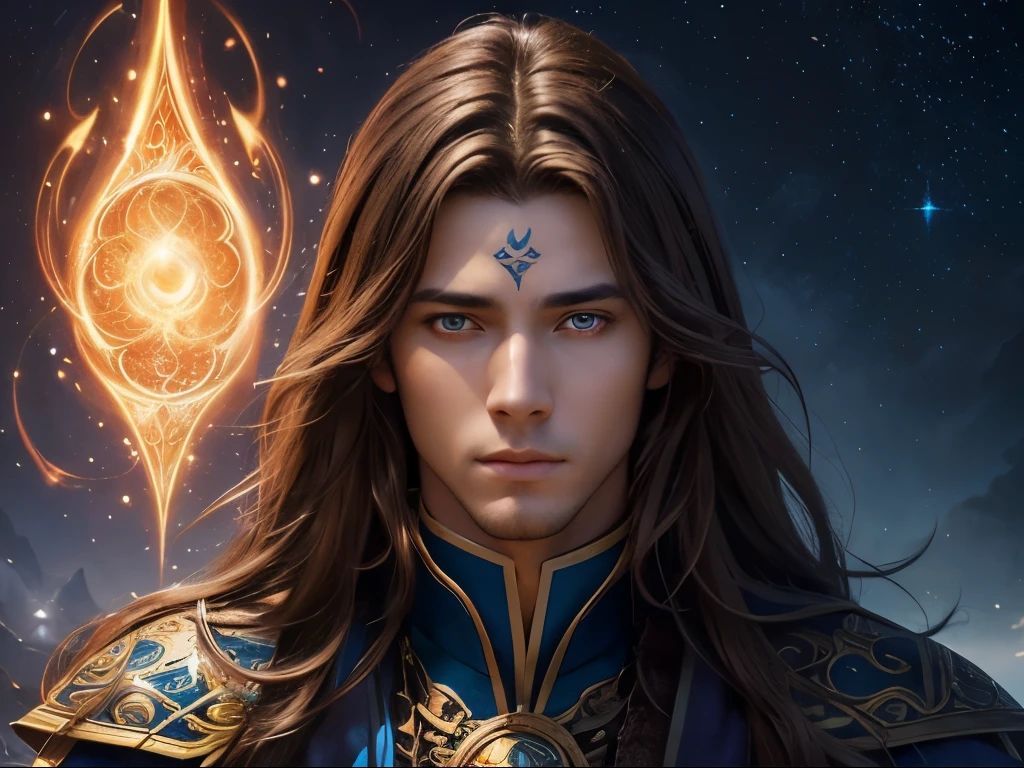 handsome guy with brown hair, big beautiful eyes, beautiful celestial mage, beautiful avatar pictures, vibrant colors, vivid lighting, (photorealistic,realistic:1.37), (best quality,masterpiece:1.2), ultra-detailed, fine painting, magic, wonderland, fantasy, anime style