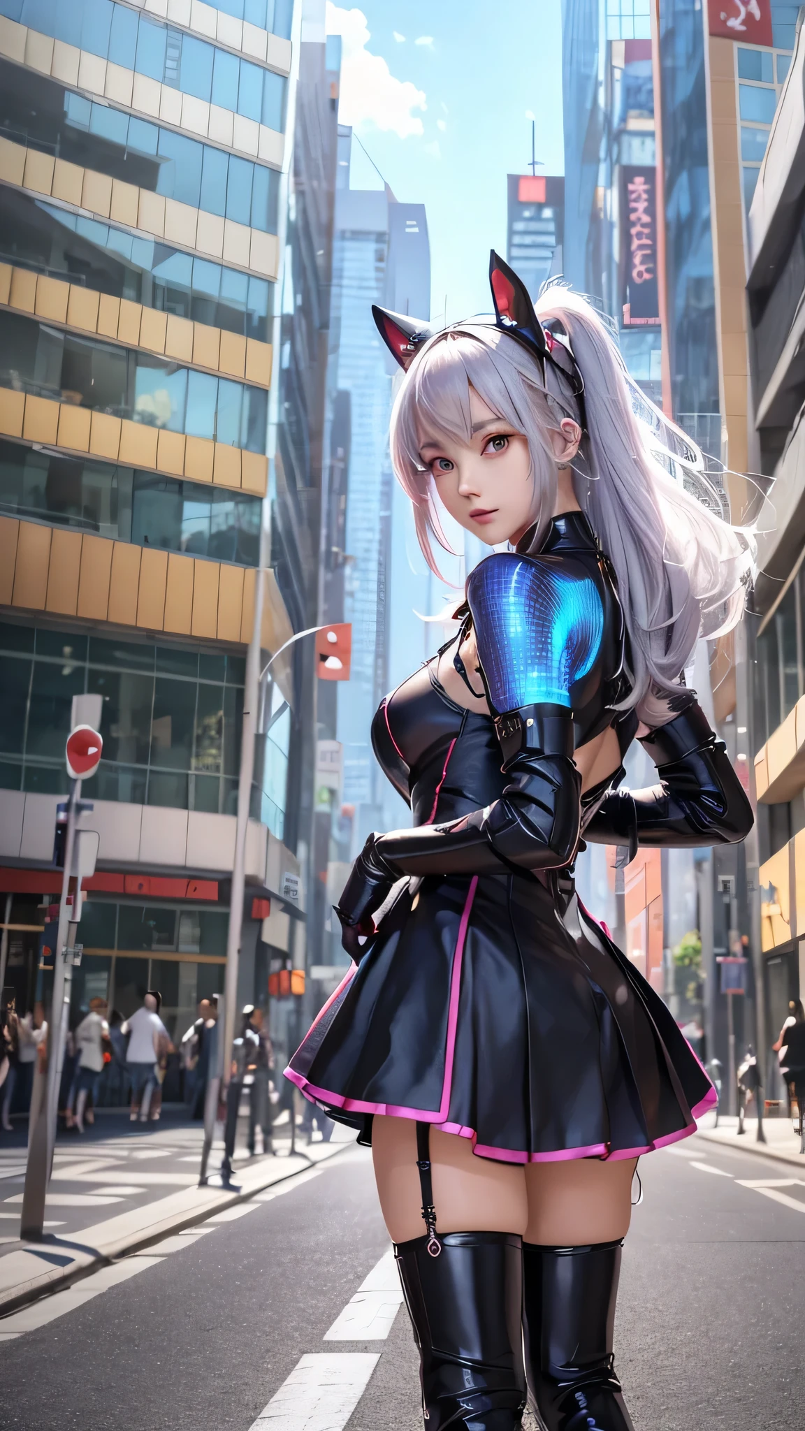 Anime girl wearing a dress and headband standing in front of a building, digital cyberpunk anime art, Digital Cyberpunk - Anime Art, anime cyberpunk art, cyberpunk anime girl, cyberpunk anime girl mech, anime style 4k, Best Anime 4K Kona-chan Wallpaper, cyber high school girl, cyberpunk anime art, portrait anime space cadet girl, future anime girl, dreamy cyberpunk girl