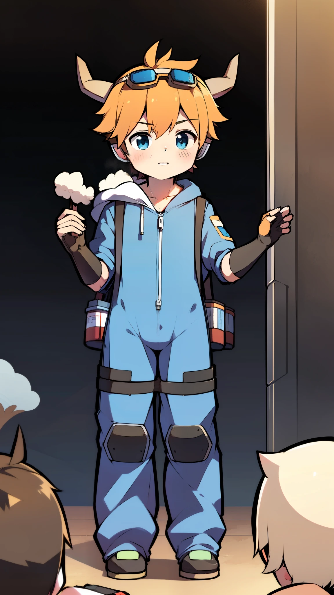 ((A  boy))，(Youthful feeling)，one piece mountaineering suit，There are horns on the head，slender figure，goggles，fingerless gloves，cotton socks，short sleeves，stand up