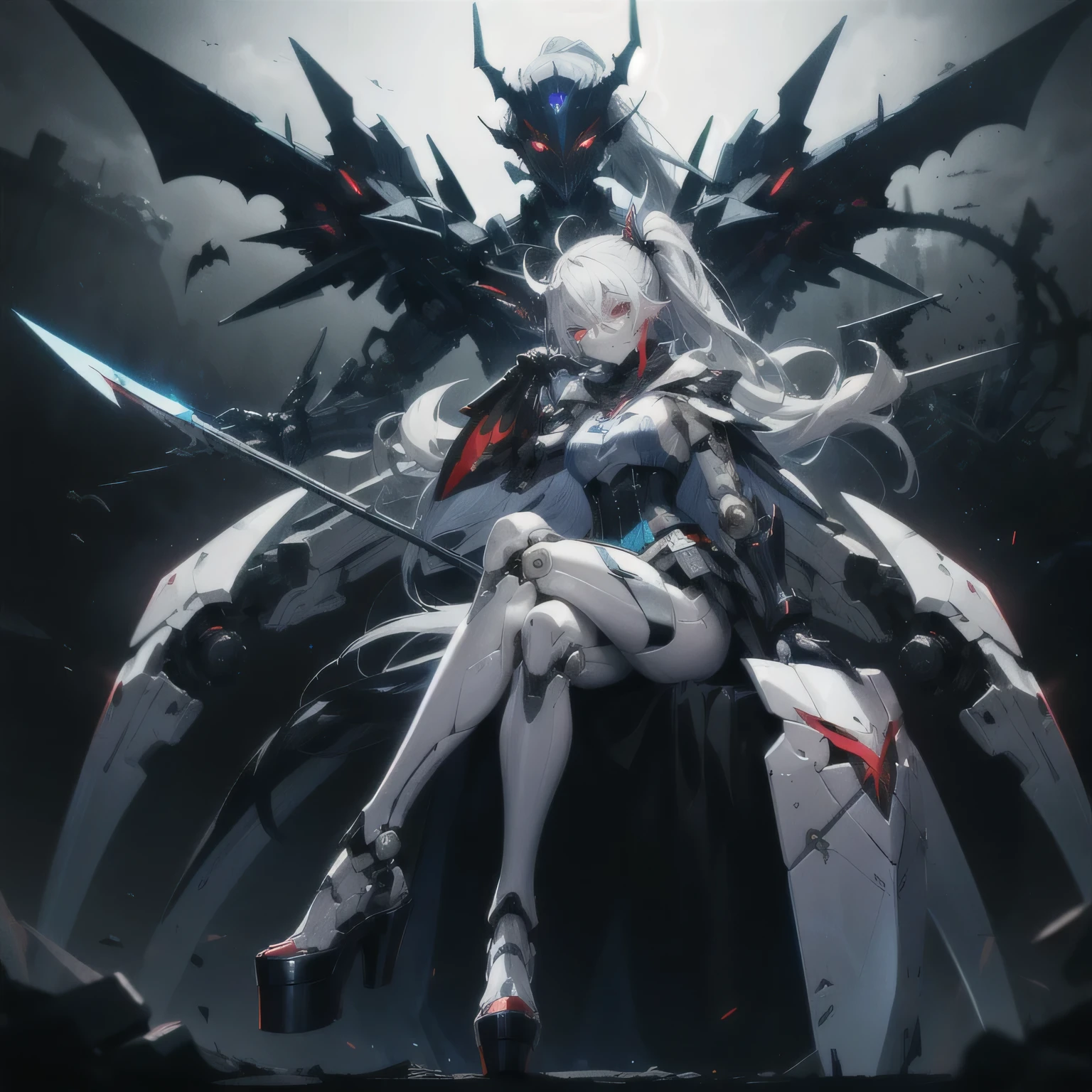 1 girl,die, (black mask), long hair, (heterochromia),gas mask, ((sickle)), Mecha Maiden,Mechanical Parts, joint,Single robotic arm, hat,Complex mechanical body suit, Mecha corset, Full armor, very long hair,white hair, hair between eyes,glowing eyes, red eyes,blue eyes, Poker face, looking at the audience,ponytail, ((dark atmosphere,Final Boss)),wing, bat wing, mechanical wing, sitting, High heel, Thick sole High heel, platform shoes, White skin,
