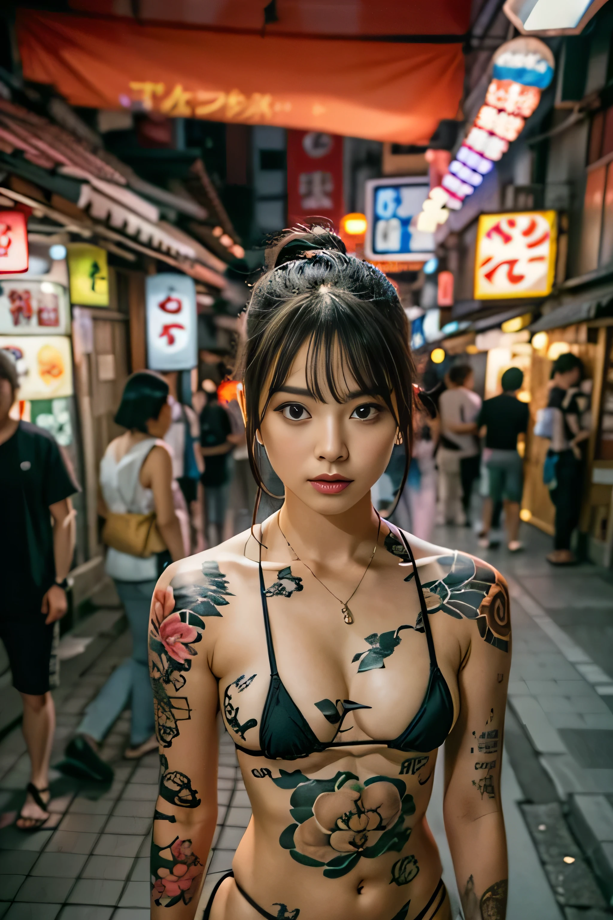 RAW image quality, Japanese, , embarrassed expression, Girl and Horihada, Yakuza, japanese mafia, Background of Tokyo Red Light District, realistic, Photoreal, masterpiece, highest quality, Movie photo of a Japan cartel gang with tattoos, spectacular lighting, japanese Yakuza tattoo, Japanese art, Japanese culture, sexy, exotic, erotic, micro bikini, cleavage,