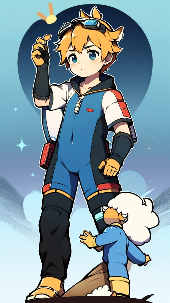 ((A young boy)),(Youthful feeling),one piece mountaineering suit,There are horns on the head,slender figure,Healthy limbs,goggles,fingerless gloves,cotton socks,short sleeves,stand up
