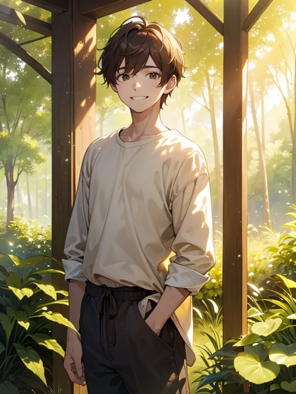 (best quality,4k,8k,highres,masterpiece:1.2), 1boy, (brown hair:1.1), (light brown hair:1.1), (clear brown hair:1.1), (-yeld:1. (slim:1.1), (youthful appearance:1.1), (youthful look:1.1), (young:1.1), (teenager:1.1), (handsome:1.1), detailed face with (clear,sharp:1.1) facial features, (dark brown eyes:1.1), (straight:1.1) nose, (thin,delicate:1.1) lips, tall, standing in a (natural,rustic:1.1) environment, (sunlit,bathed in sunlight:1.1), (peaceful,serene:1.1) atmosphere, (warm,soft:1.1) colors, (gentle,breezy:1.1) wind, pleasant (smile,grin:1.1), (casual,relaxed:1.1) attire, (content,happy:1.1) expression, confident posture, looking towards the distance, surrounded by (lush,vibrant:1.1) greenery, (golden,ray of sunlight:1.1), (bright,warm:1.1) sun, (soft,mild:1.1) shadows, (natural,harmonious:1.1) composition.