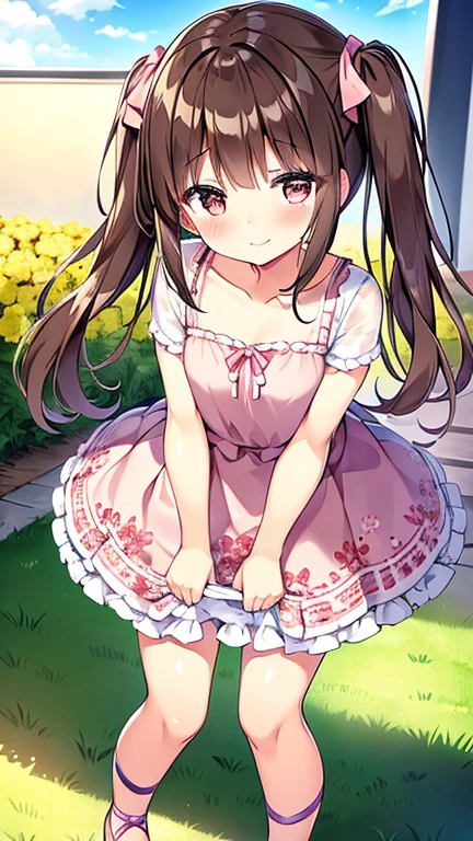 1 girl, brown hair, brown eyes, blush, , frilled dress, frills, pink dress, No sleeve, No sleeve dress, bare shoulders, blush, dress, print dress, flower柄, hair ribbon, pink ribbon, twin tails, sandals, pink shoes, open your mouth, smile, alone, looking at the viewer, Are standing, Day, field, flower, flower field, outdoor,skirt lift,no panties,pussy