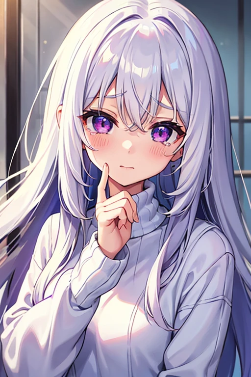 1 girl, long white hair, purple left eye and blue right eye, wearing a white sweater, crying