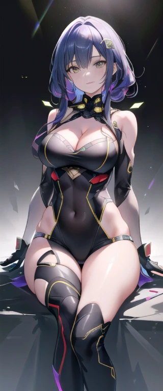 ((best quality)), ((masterpiece)), (detailed:1.4), 3d, Image of a beautiful cyberpunk woman,((beautiful face、高度detailed脸部细节)), Long wavy hair，(((Wearing futuristic combat suits、pattern、badge、bright colors))),((beautiful cleavage)),tattoos on the arms，beautiful long legs，Sexy high heels，high dynamic range (high dynamic range),Ray tracing,NVIDIA RTX,super resolution,Unreal 5,subsurface scattering,PBR texture,post processing,Anisotropic filtering,depth of field,Maximum clarity and sharpness,multi-layer texture,Albedo and specular maps,surface coloring,Accurate simulation of light-material interaction,Perfect proportion,octane rendering,two-tone lighting,Large aperture,Low ISO,white balance,rule of thirds,8K raw,