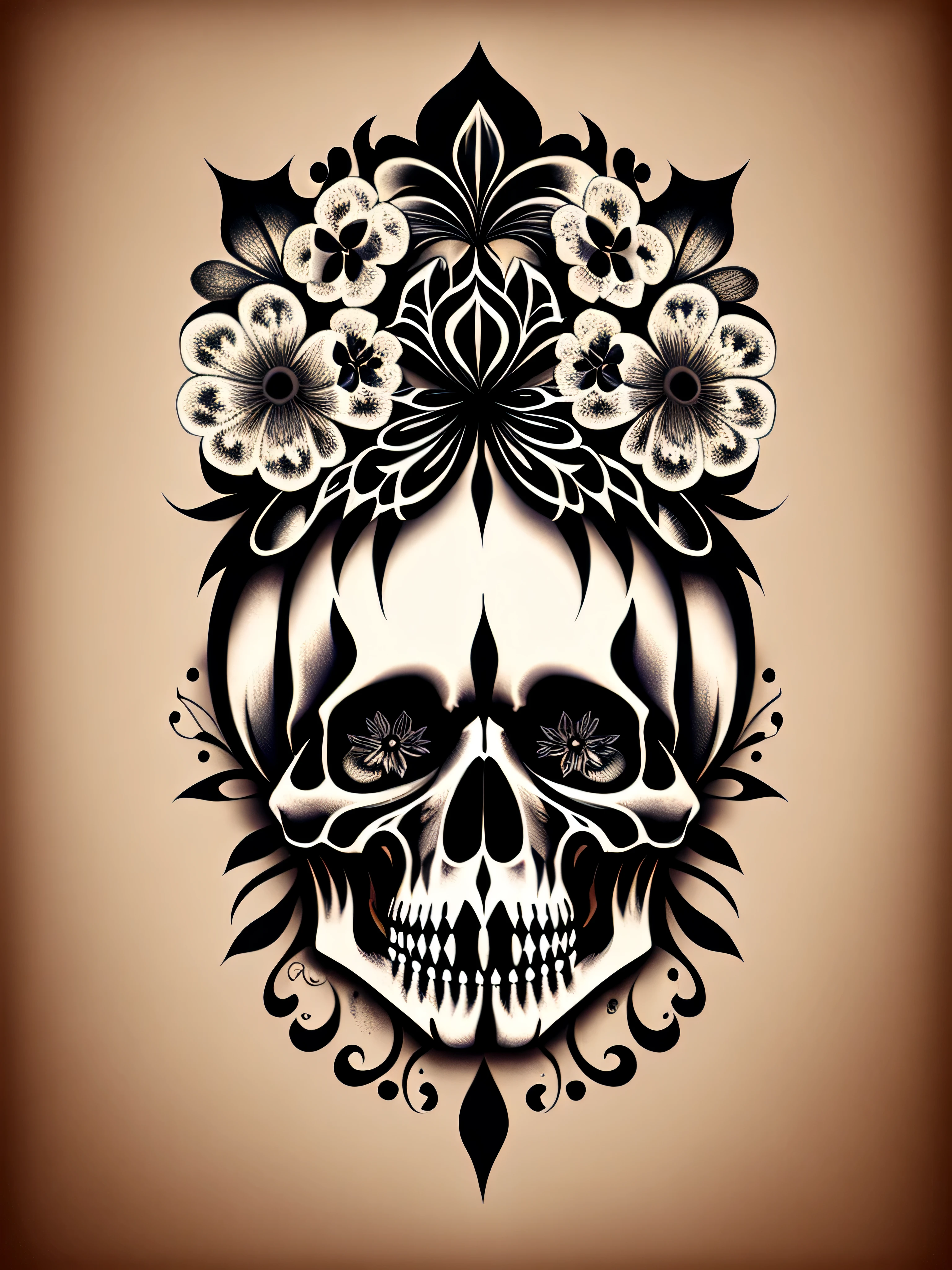 Very detailed special 3 butterlys and skulls black and white tattoo , on awhite bage background