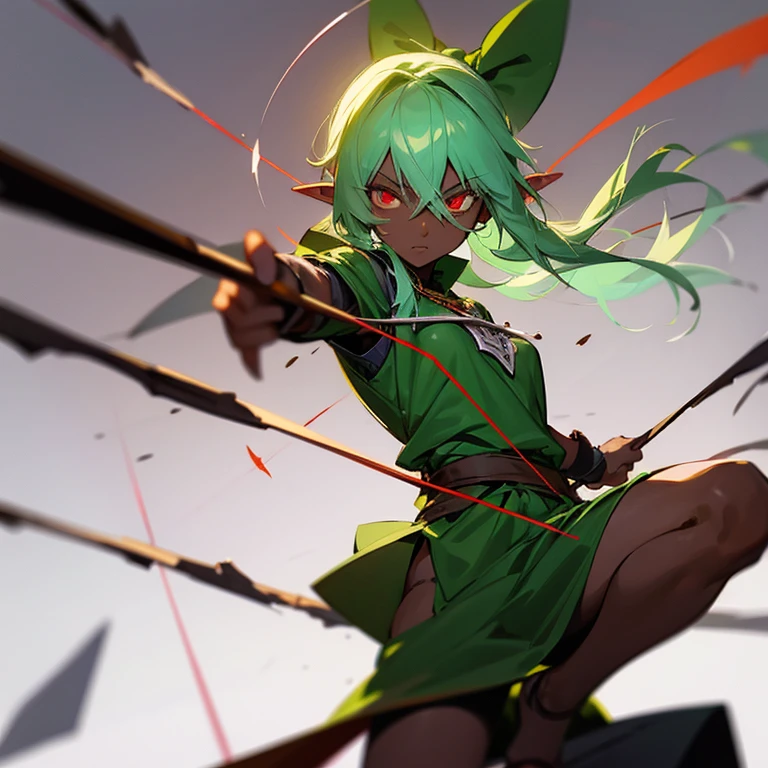 Dark-skinned elf archer with chaotic eyes holding a bow