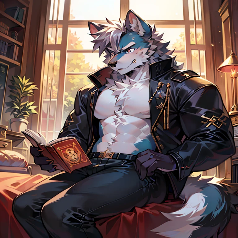 anime style images,A man sitting on the bed reading a book, From the mystical world of academia, furry wolf, Badass Anime 8K, hairy chest, Angry noble moral sexy deer man, (SFW) Work, human deer, high resolution committee, Anthropomorphic Deer Man, puffy breasts, Handsome guy in the art of slaying demons