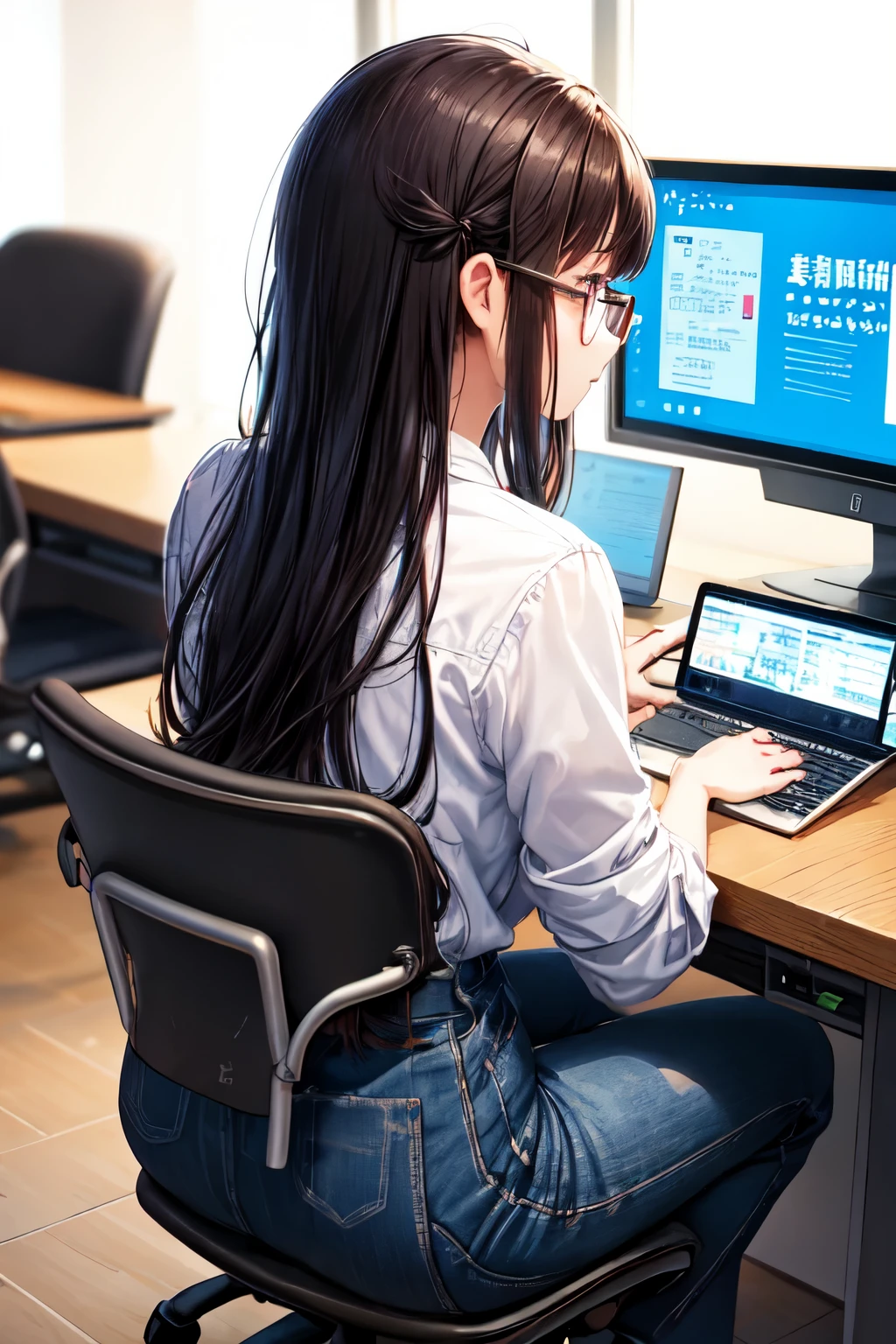 white background,, very detailed, head, Upper body, breathtaking, sharp focus, glass art, computer、typing、student、concentrated、lecture、University、machine、Chair、computerテイク、ノートcomputer、During class、comics、大lecture室、student、Dozing off、study、University生、back view、Glasses、did not notice、long hair、private server、black clothes