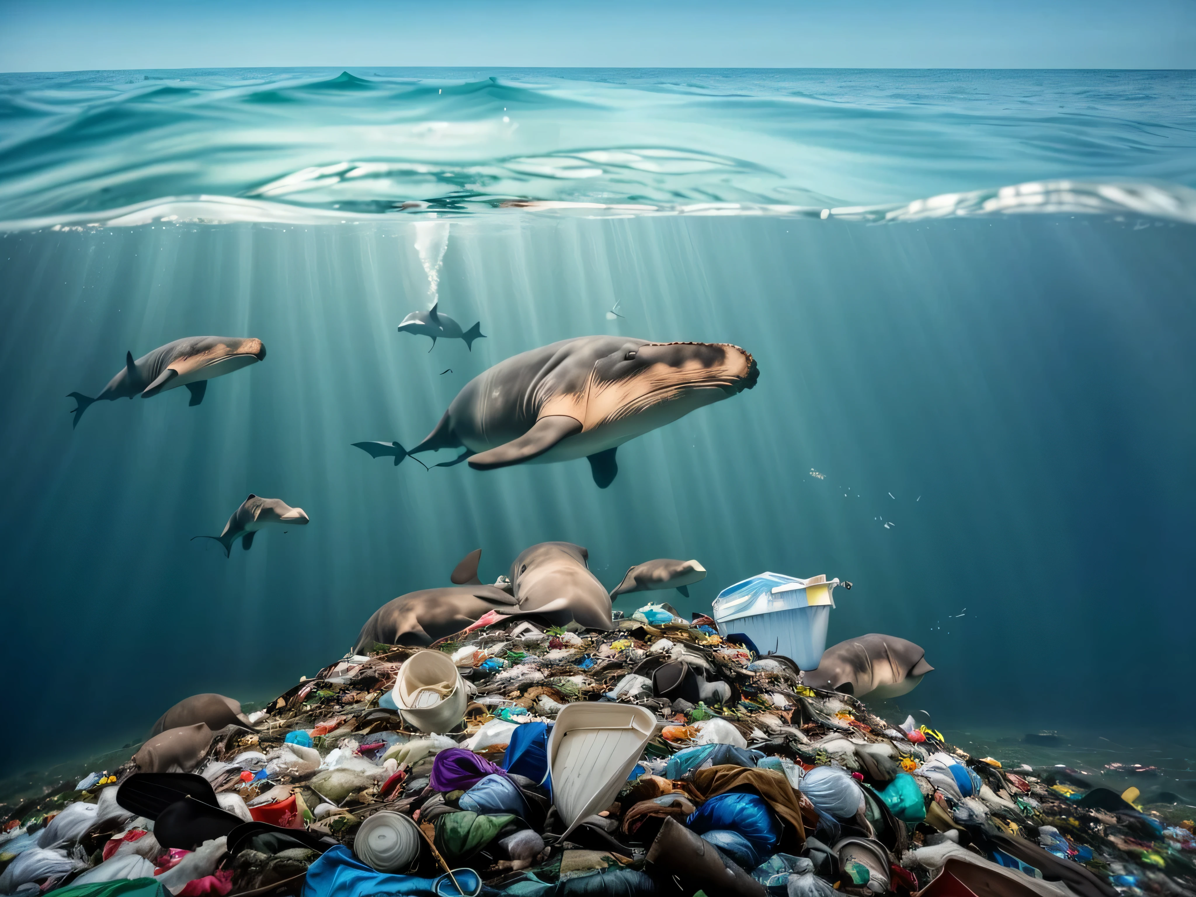 Conceptual photography, three sperm whales swimming on the seabed where garbage is piled up, the sperm whales are swallowing the garbage on the seafloor, Zhang Kechun, ultra-wide-angle lens, panoramic depth, surreal style, unparalleled details, perfect picture, grand scene, Hollywood movie style , National Geographic Photos