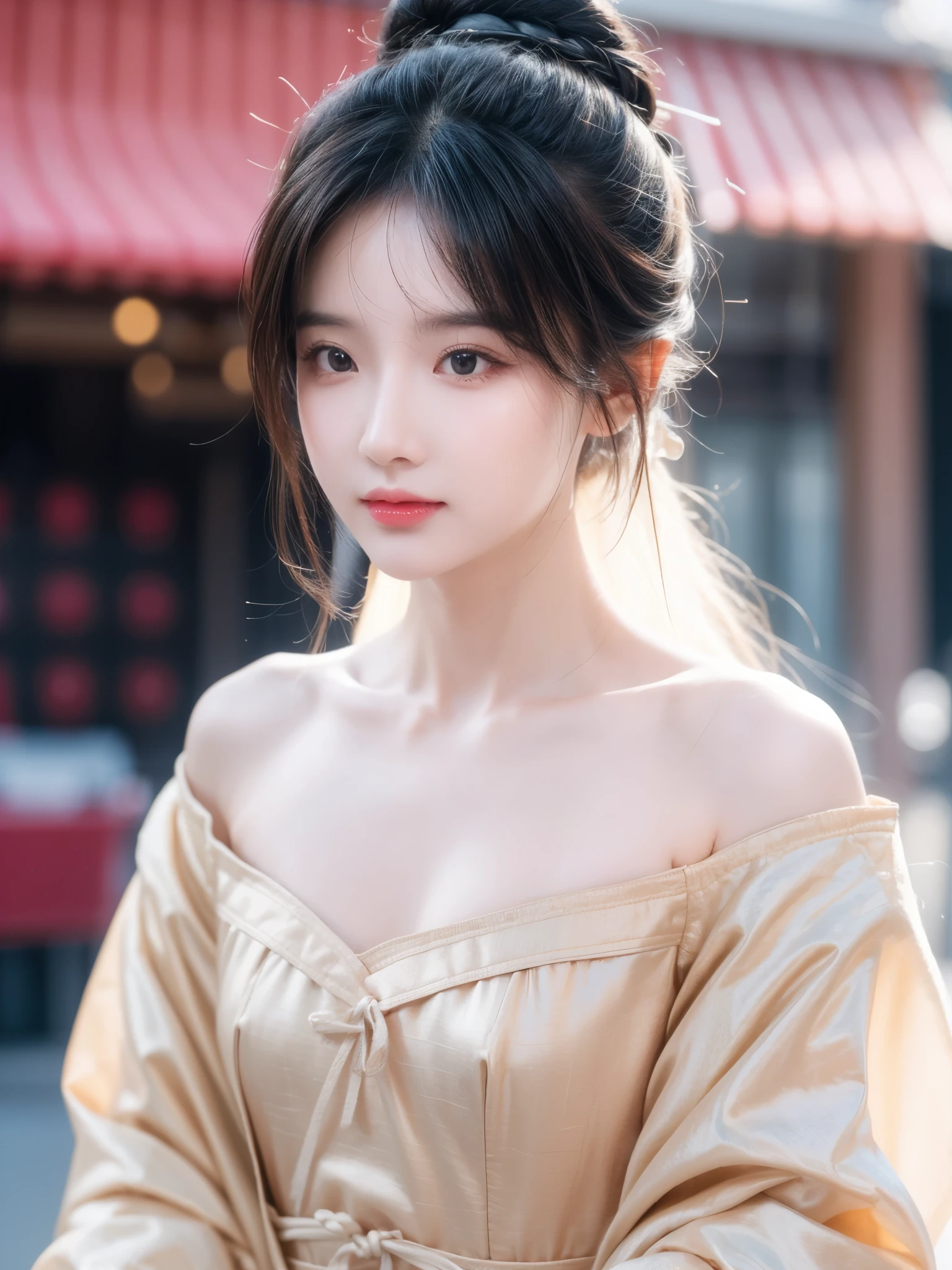 Best Quality, Masterpiece, High Resolution, 1girl, Hanfu, Tang Dynasty Costume, Small, Flat Chest, Collarbone, Off-the-Shoulder Exquisite Face, Realistic, Real People, (High Detail Skin: 1.4), SLR, Soft Light, High Quality, Photo, High Resolution, Background Bokeh, Vintage Street