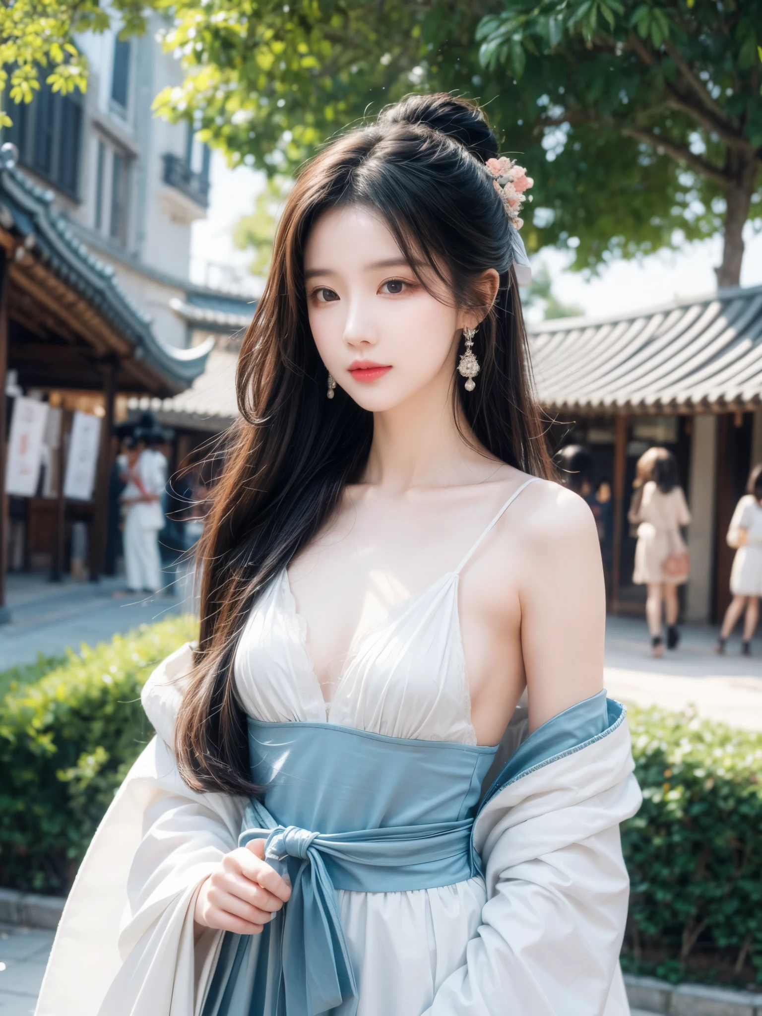 Best Quality, Masterpiece, High Resolution, 1girl, Hanfu, Tang Dynasty Costume, Small, Flat Chest, Collarbone, Off-the-Shoulder Exquisite Face, Realistic, Real People, (High Detail Skin: 1.4), SLR, Soft Light, High Quality, Photo, High Resolution, Background Bokeh, Vintage Street