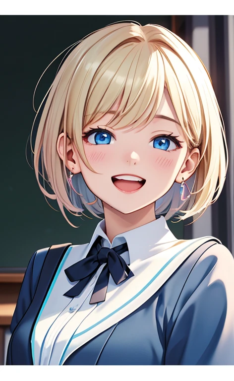 (realistic：1.4、​masterpiece、top-quality、8k size wallpaper、offcial art)、(portrait,upper body:1.6)、(1girl),(very loud laugh,Open mouth:1.3),(half closed eyes),cute face,blue eyes、(short hair)、
,(stand),(Shining smile),(round face:1.3),
,(slender),(school uniform),(long fluorescence blonde hair1.3), (small breasts)、
、fluorescence、classroom,JK、