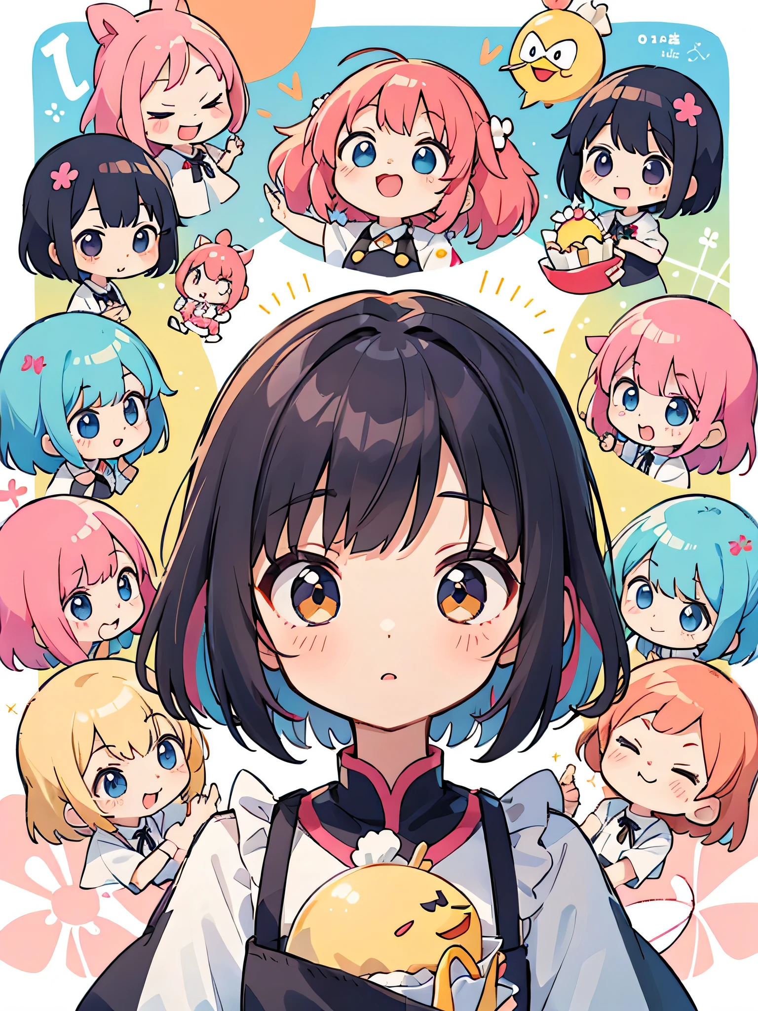 Momoko Sakura style, Kawaii Design, (((10 people)))、most beautiful girl ever、Chibi, Colorful bob hair、((Lots of friendcdonalds