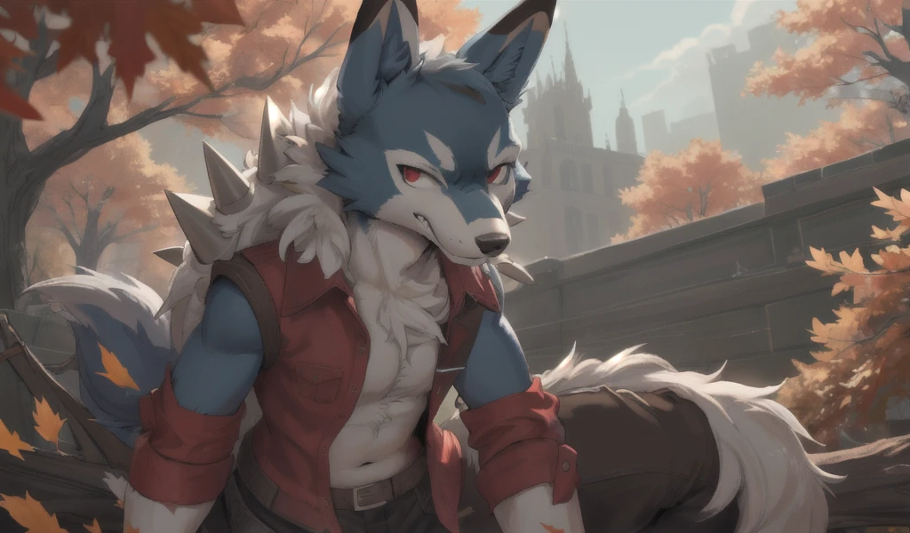 (body fur:1.3),(fluffy:1.3),wolf,spikes,blue fur,furry male,red eyes,lucario,
SFW,(masterpiece:1,2),best quality,masterpiece,highres,original,extremely detailed wallpaper,perfect lighting,(extremely detailed CG:1.2),(furry:1.1),(solo:1.1),smile,in autumn