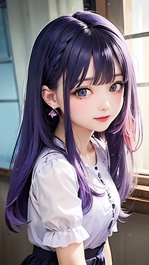 small face、 (alone:1.5,)Super detailed,bright colors, very beautiful detailed anime face and eyes, look straight,  shiny_skin,girl, (((rainbow colored hair, colorful hair, Half blue、Half purple hair: 1.2))), 、shiny hair, delicate beautiful face, blush、Glasses、(turquoise eyes), , Valletta, earrings,、flower garden、sunset、(（(Stylish lace mini skirt,Translucent shirt)))、（twin tails）、smile、happy face、face dyed red、cheerful pose、dynamic、