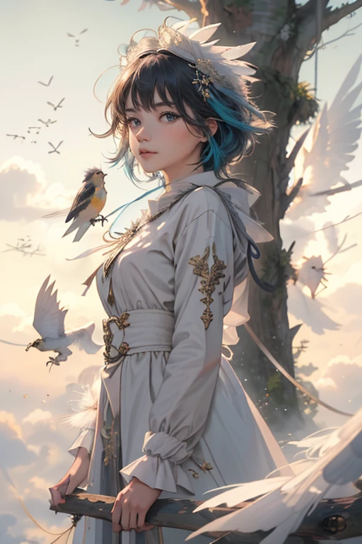 In the heart of an enchanting outdoor scene, a young girl is standing, dressed in her most casual attire, as she gazes at a captivating bird perched on a nearby branch. Her expression is one of pure fascination, with her eyes locked onto the avian creature as it spreads its wings, ready for takeoff.
The scene is rendered in an exquisite, Letterboxed format, with a 1.2 aspect ratio that ensures every detail is captured in stunning high definition. The immaculate, vibrant colors of the girl's clothing and the bird's feathers pop against the soft, muted hues of the misty, fog-laden sky and the