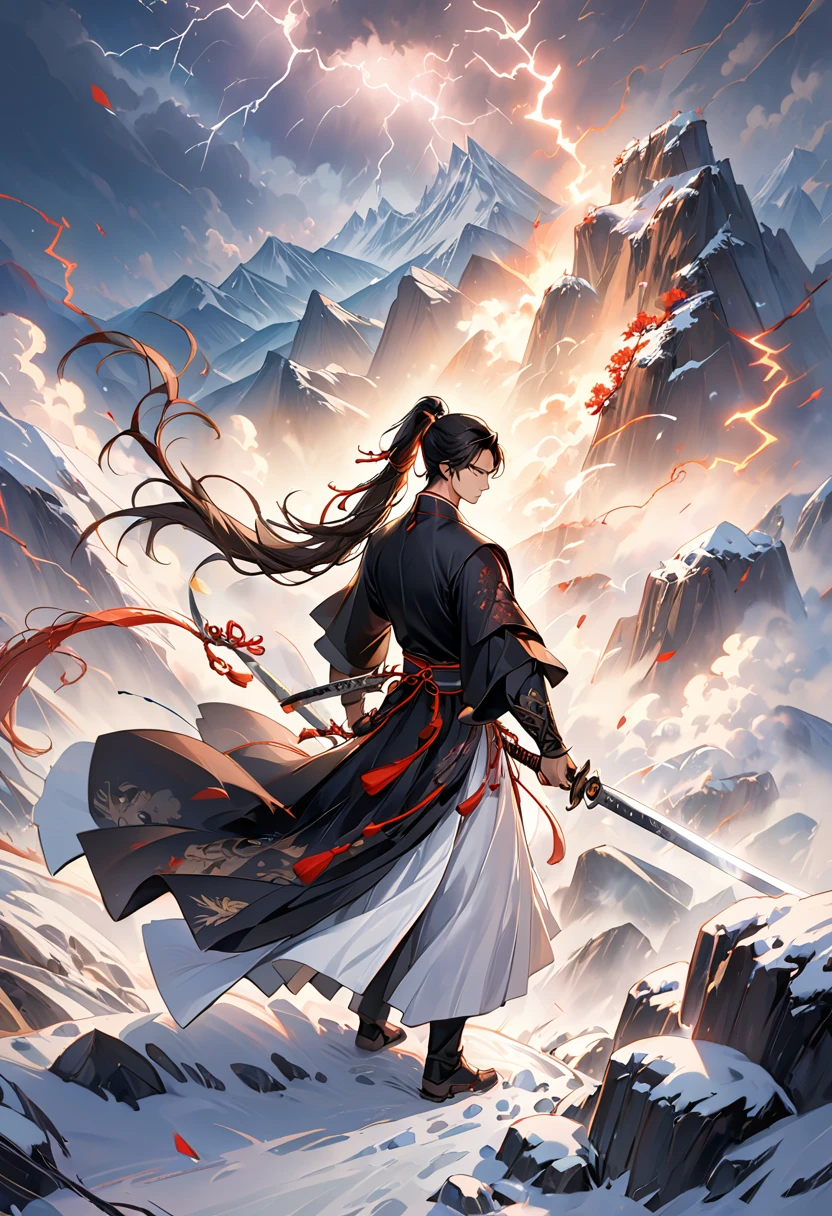 jiang hu, Mountain tops, cliffs, peaks, blizzards, Pitched battle, Lightning, weapon, sword,1boy, black hair, male focus, long hair, holding, ponytail, holding weapon, holding sword, solo, standing, arm guards, smoke, closed mouth, long sleeves, black robe, floating hair, high ponytail, chinese clothes, ,
