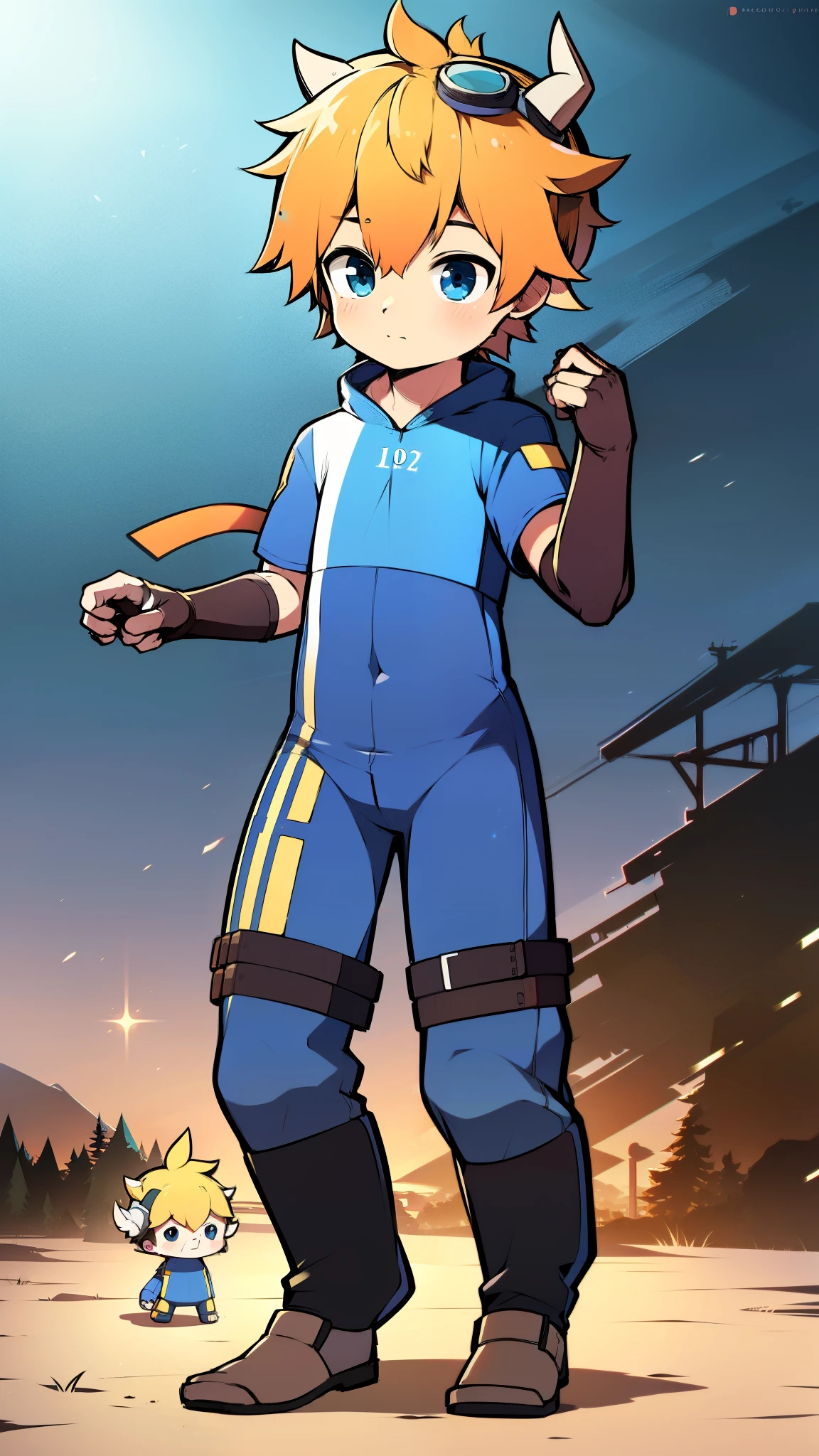 ((A  boy))，(Youthful feeling)，one piece mountaineering suit，There are horns on the head，slender figure,Healthy limbs，goggles，fingerless gloves，cotton socks，short sleeves，stand up